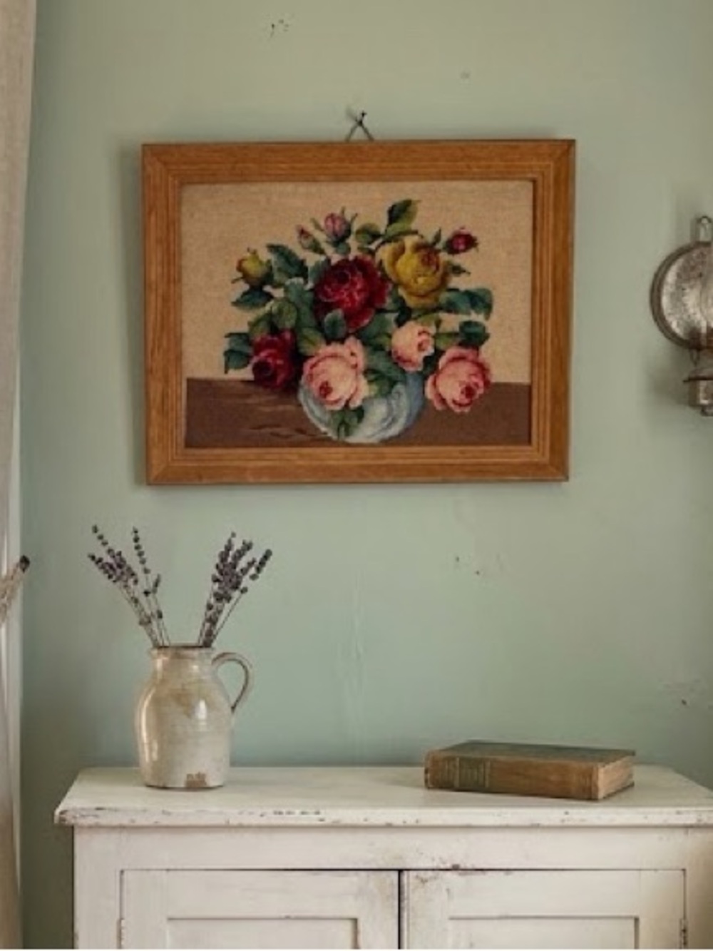 Vintage Framed Floral Needlepoint Wall Art Wooden Frame Cottagecore Embroidery